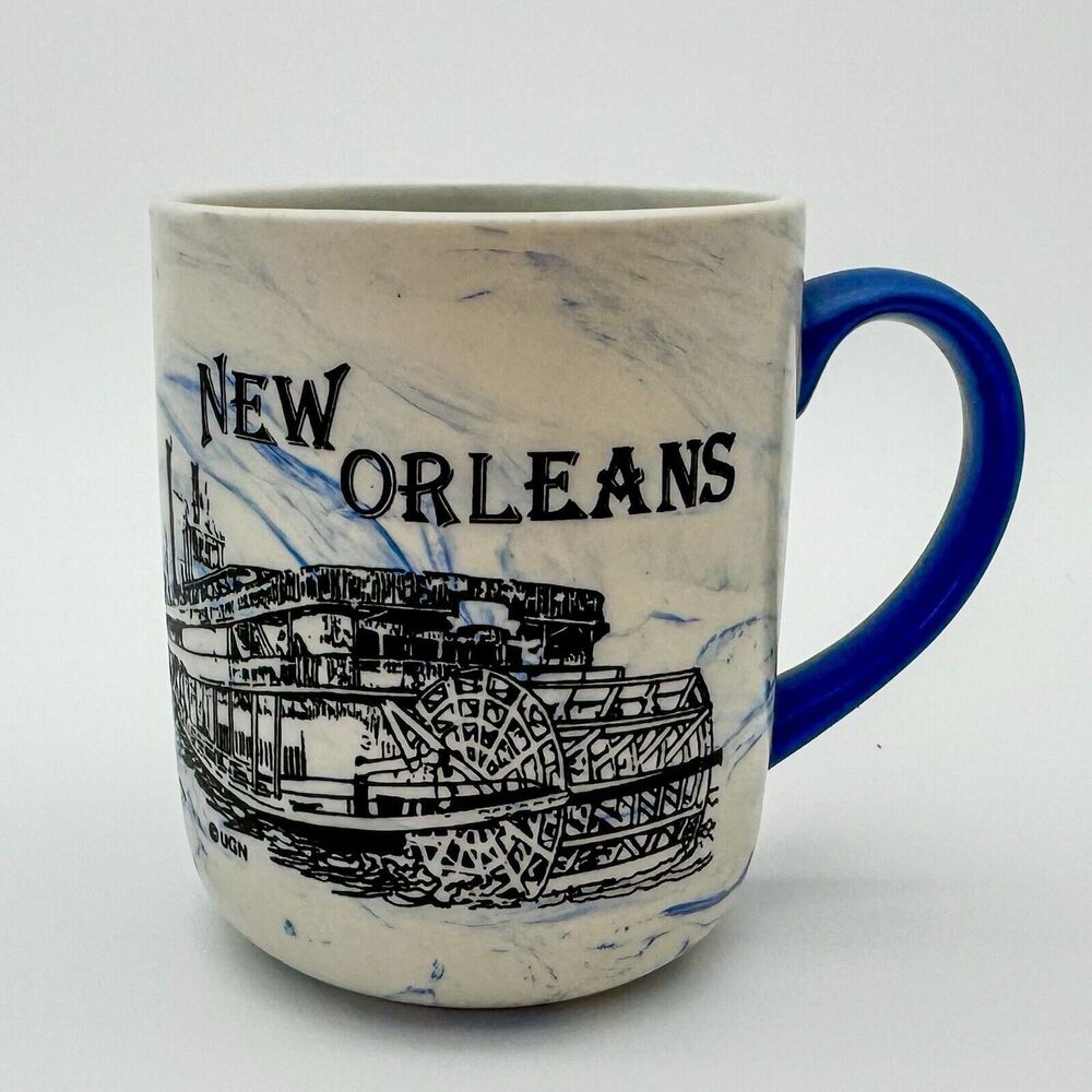 New Orleans City Scene Mardi Gras Blue Ceramic Marbled Souvenir Coffee Cup Mug